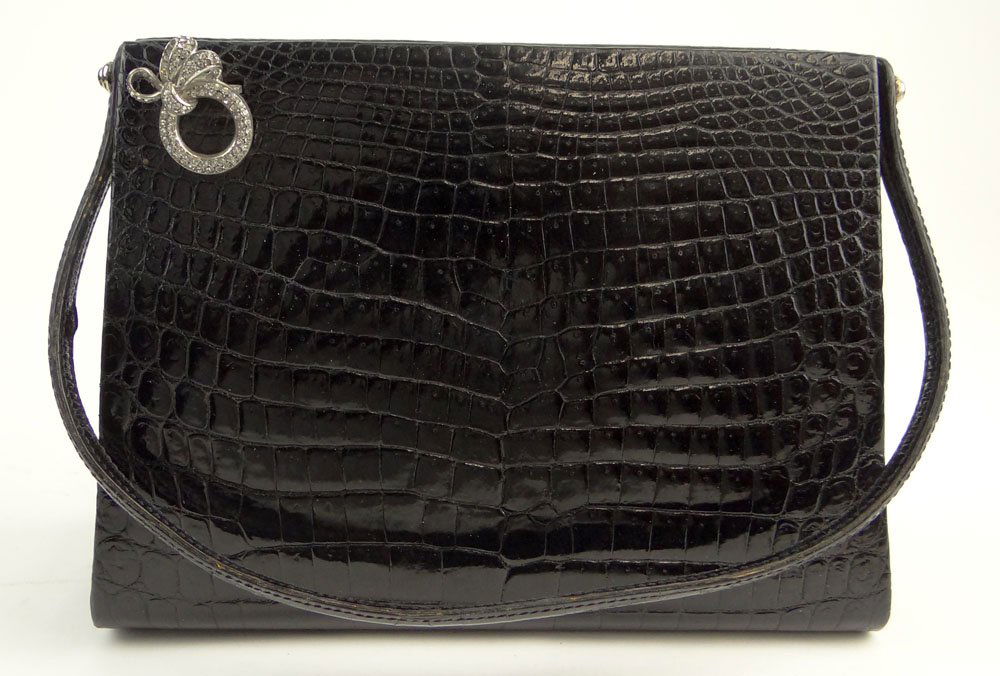 Retro Morabito Black Crocodile and Rhinestone Evening: Retro Morabito Black Crocodile and Rhinestone Evening Bag. Leather Lined. Rhinestone Pull, Coin Purse. Signed With Morabito Paris Label. Light Wear to Strap or in Otherwise Very Good Condition. Measur