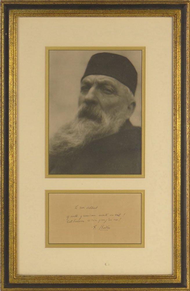 19/20th C Autograph and Photograph of Auguste Rodin,: 19/20th C Autograph and Photograph of Auguste Rodin, French (1840-1917), Sculptor. Framed Under Glass. Typically Toned From Age. The Piece Measures 19 Inches by 12-1/2 Inches. Shipping $65.00