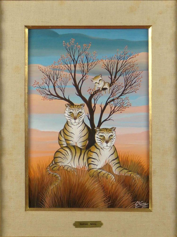 Gustavo Novoa, Chilean (b.1941) Oil on Board "Three: Gustavo Novoa, Chilean (b.1941) Oil on Board "Three Tigers" Signed and Dated Lower Right G. Novoa, 1980. Good Condition. Measures 17-1/2 Inches by 12-1/4 Inches. Frame Measures 24 Inches by 18-1/2 Inc