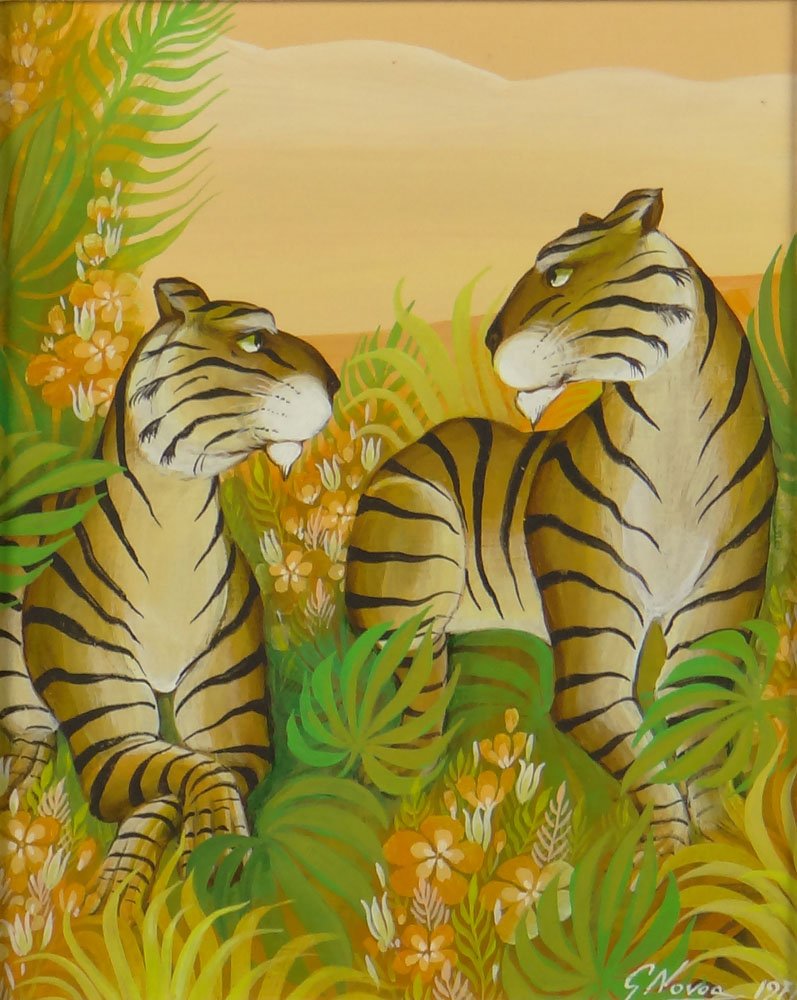 Gustavo Novoa, Chilean (b.1941) Oil on Board "Two: Gustavo Novoa, Chilean (b.1941) Oil on Board "Two Tigers" Signed and Dated Lower Right G. Novoa, 1977. Wally Findlay Label en verso. Good Condition. Measures 12-1/2 Inches by 10-1/2 Inches. Frame Meas