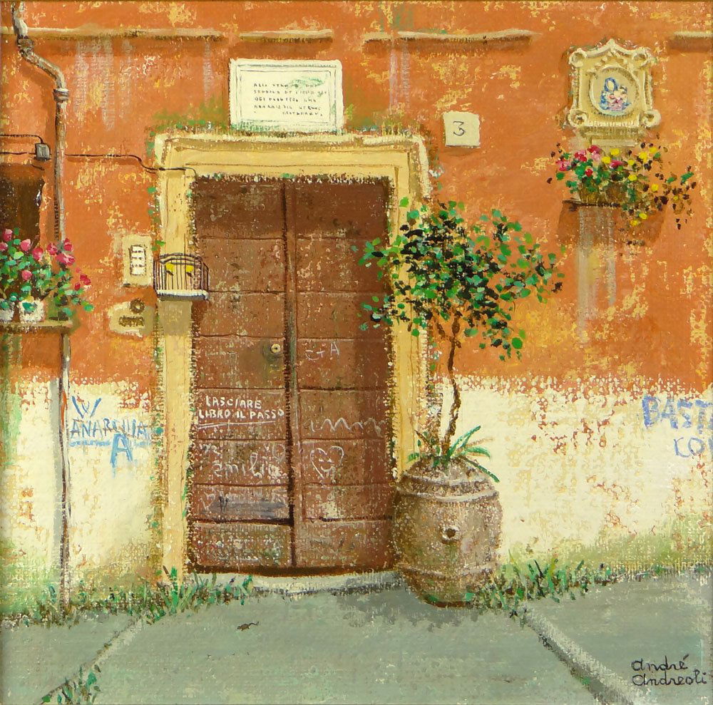 Andre Andreoli, Italian (b. 1943) Oil on Canvas: Andre Andreoli, Italian (b. 1943) Oil on Canvas "Italian Architectural Scene" Signed Lower Right Andre Andreoli, Wally Findlay Label en verso. Good Condition. Measures 19 Inches by 19-1/4 Inches. Fram