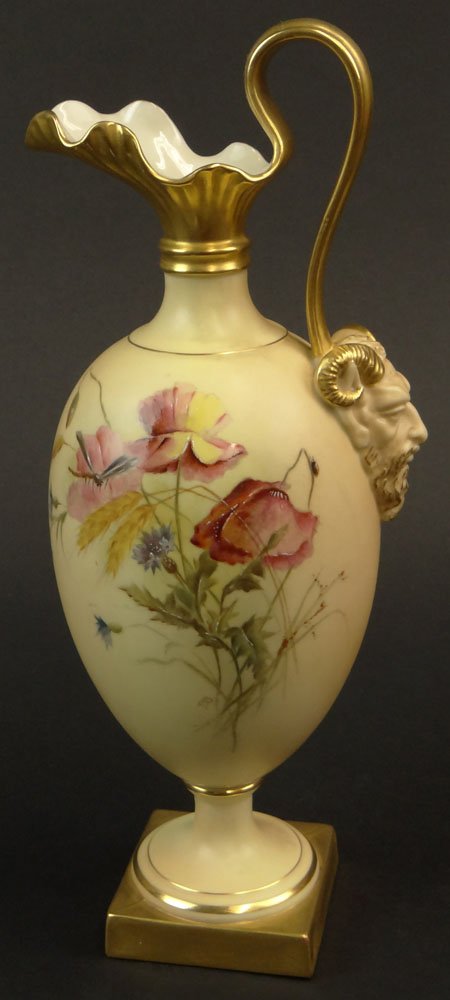 19th C Royal Worcester Porcelain Hand Painted Ewer.: 19th C Royal Worcester Porcelain Hand Painted Ewer. Features Figural Handle as well as a Floral Motif with Gilt Accents. Signed Artist Initials and with Royal Worcester Back Stamp on Bottom and dots d