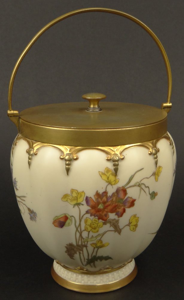 19th C Royal Worcester Porcelain Hand Painted Biscuit: 19th C Royal Worcester Porcelain Hand Painted Biscuit Jar. Features Brass Mounts as well as a Floral Motif with Gilt Accents. Signed with Royal Worcester Back Stamp on Bottom and dots dating the Jar 1
