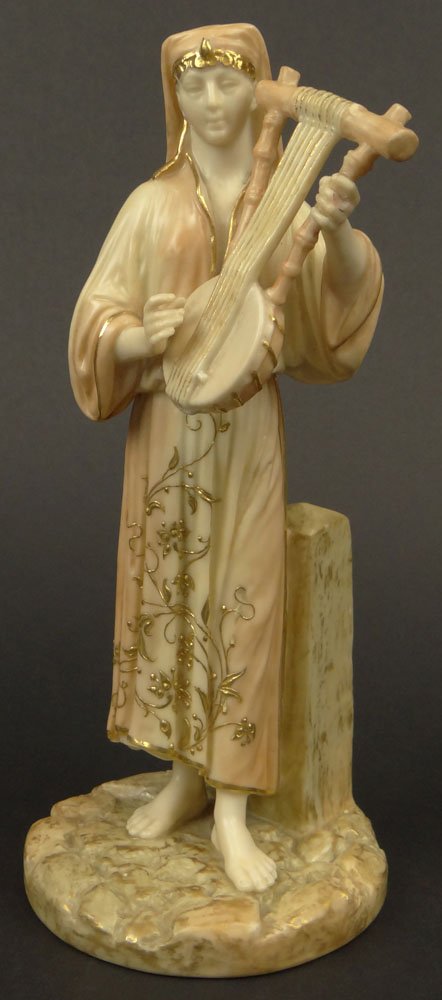 Early 20th C Royal Worcester Porcelain Hand Painted: Early 20th C Royal Worcester Porcelain Hand Painted Figurine. "Musician" Gilt Accents. Royal Worcester Back Stamp on Bottom. Minor Chip to Finger Otherwise, Very Good Condition. Measures 9 Inches Heig