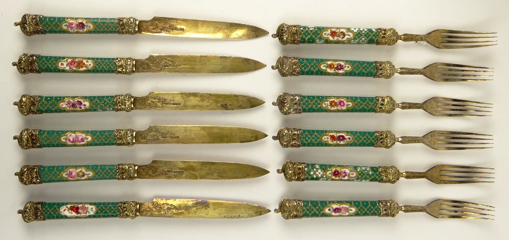 Circa 1916 English Sheffield Chased and Engraved: Circa 1916 English Sheffield Chased and Engraved Vermeil and Enameled Porcelain Twelve (12) Piece Fruit Set Together with a Fitted Mahogany Case. Good Condition. Knife Measures 9-1/8 Inches Long. Ship