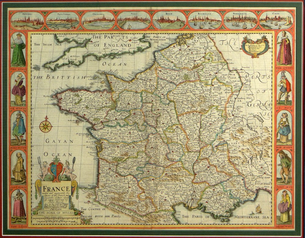 Map of "France Revised and Augmented" by J.Speed.: Map of "France Revised and Augmented" by J.Speed. Published London, 1627-1676. Copperplate Engraving in Later Hand Colour. From: The Prospect Of The Most Famous Parts Of The World From the First World