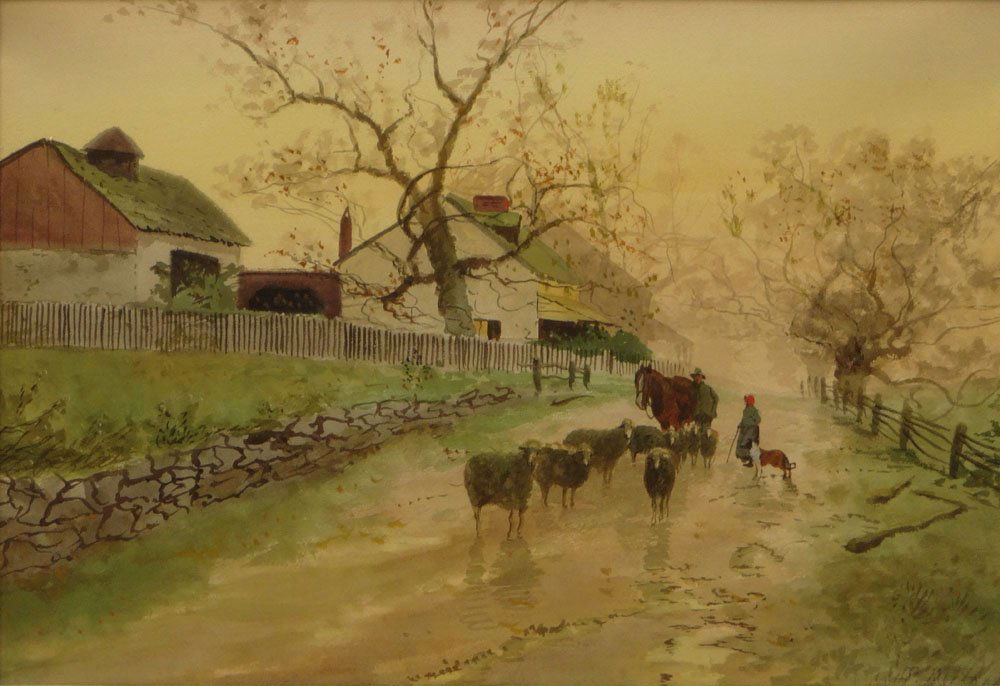 Peter Moran, American (1841-1914) Watercolor On Paper: Peter Moran, American (1841-1914) Watercolor On Paper "Returning With The Fold" Signed Lower Right P. Moran. Good Condition with some Toning From Age. Measures 13-1/8 Inches by 20 Inches, The Frame 15