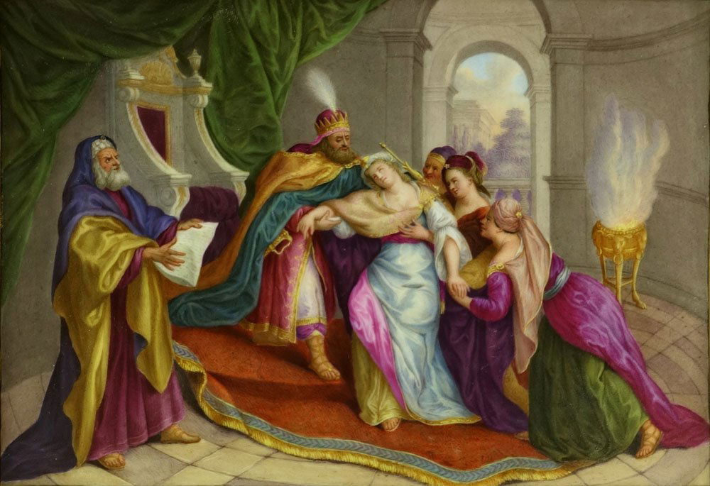 Extremely Well Done Antique KPM Hand Painted Porcelain: Extremely Well Done Antique KPM Hand Painted Porcelain Plaque "Bathsheba, Preparing For King David" Impressed KPM Mark en verso. Very Good Condition. Measures 5-1/2 Inches by 8 Inches. Frame Measures