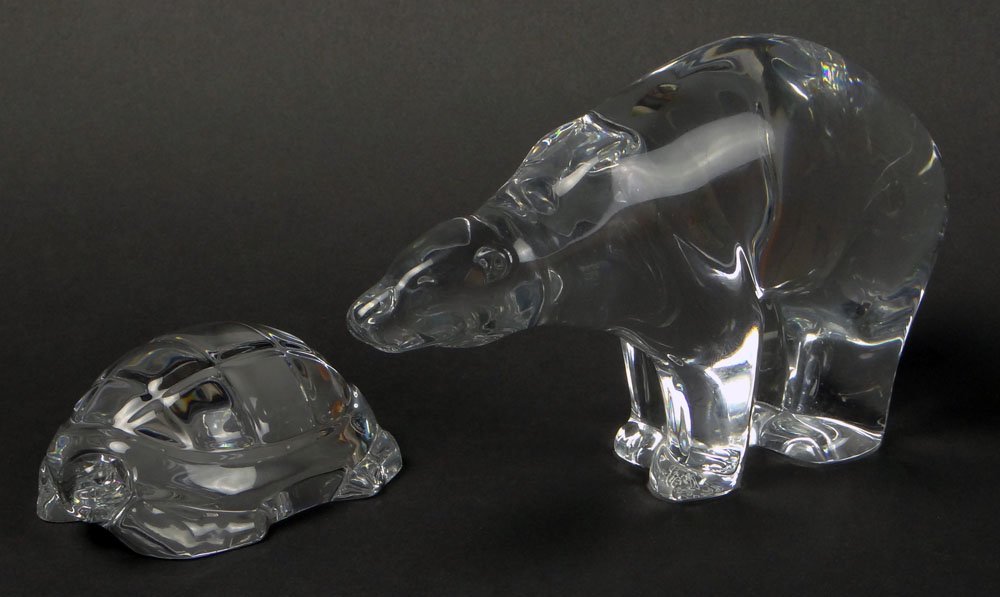 Two (2) Baccarat Clear Crystal Figurines Of Polar Bear: Two (2) Baccarat Clear Crystal Figurines Of Polar Bear and Turtle. Polar Bear Has Minor flea Bite To Bottom of Front Foot, Otherwise Both in Good Condition. Stamped to Base on Both Baccarat France. Po
