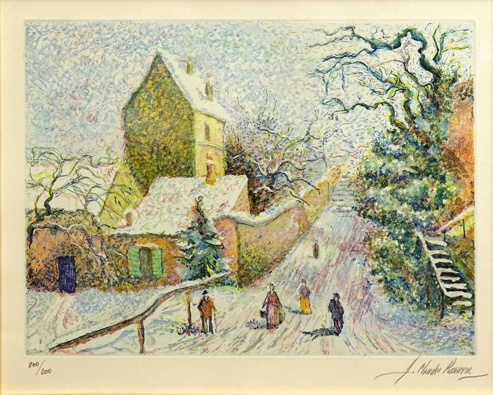 H. Claude Pissarro, French, (1935) Limited Edition: H. Claude Pissarro, French, (1935) Limited Edition Color Etching Print "Le Lapin Agile" (1987) Signed Bottom Right and Numbered 200/200. Framed. Measures 16 Inches Tall by 22-1/2 Inches Wide. Frame Me
