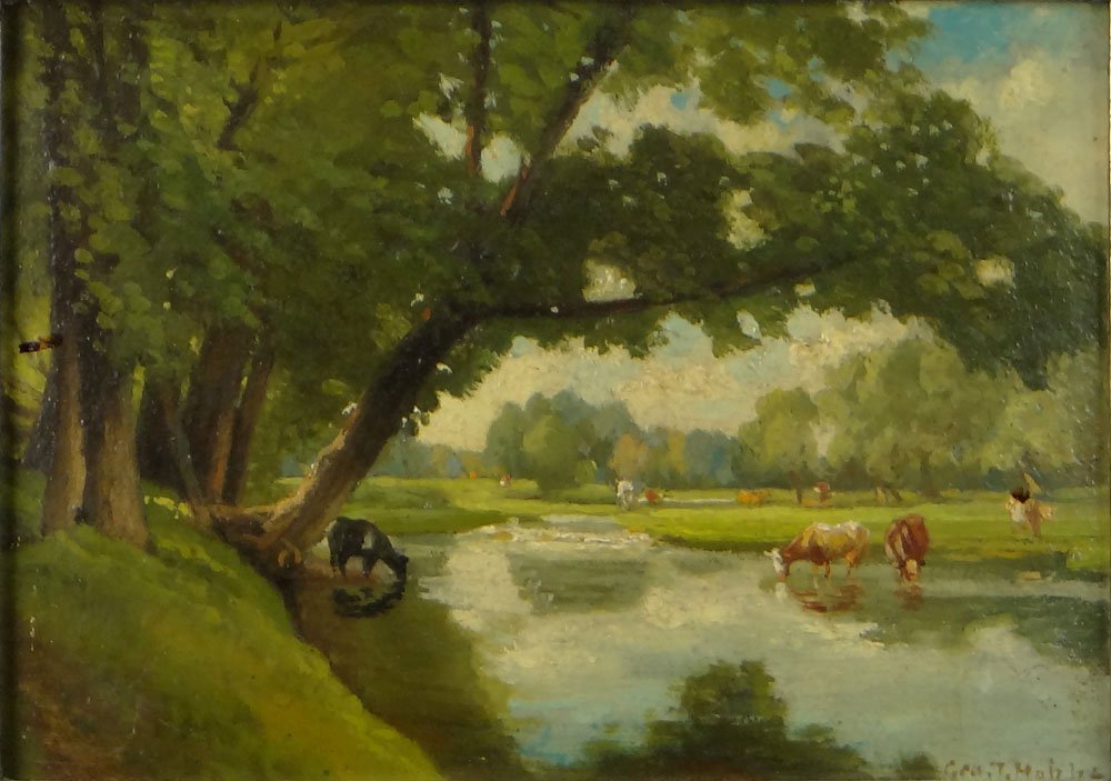 George Thompson Hobbs, American (1846 - 1929) Oil on: George Thompson Hobbs, American (1846 - 1929) Oil on Artist Board "Landscape With Cows" Signed Lower Right Geo T Hobbs. Good Condition. Measures 5 Inches by 7 Inches. Frame Measures 11-3/4 Inches by 1