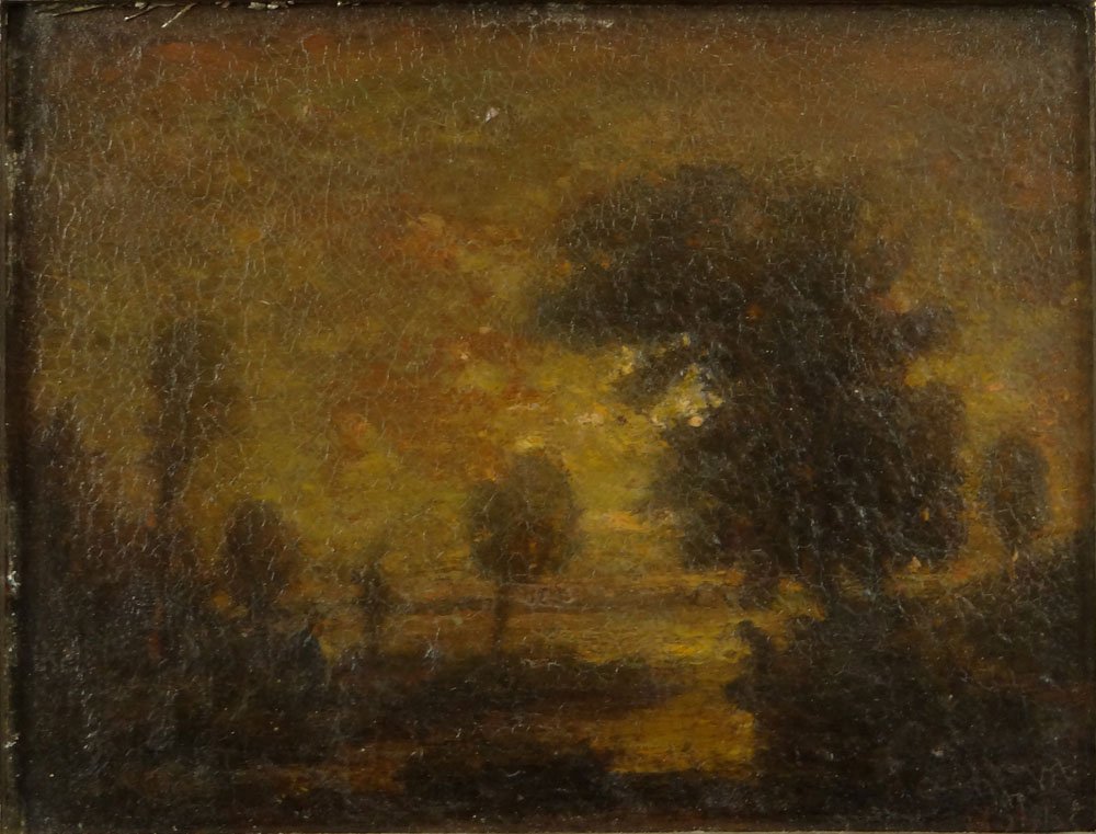 George Thompson Hobbs, American (1846 - 1929) Oil on: George Thompson Hobbs, American (1846 - 1929) Oil on Board "Sunset Landscape" Signed Lower Right Hobbs. Good Condition. Measures 4-5/8 Inches by 6 Inches. Frame Measures 11-1/4 Inches by 12-1/2 Inches