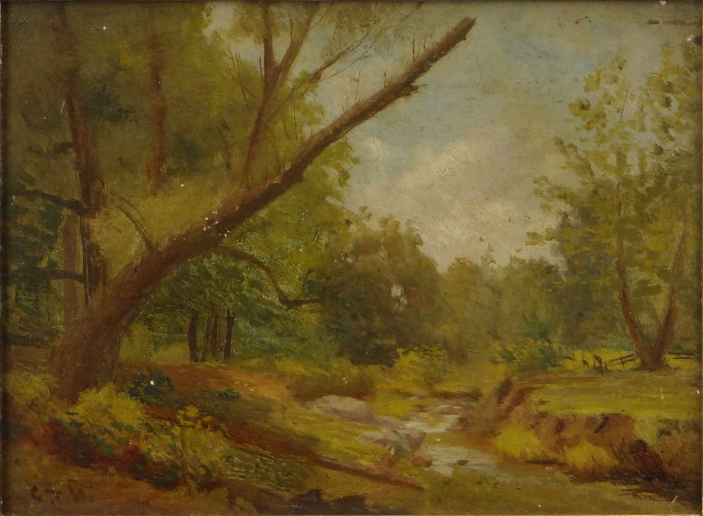 George Thompson Hobbs, American (1846 - 1929) Oil on: George Thompson Hobbs, American (1846 - 1929) Oil on Board "Wooded Landscape" Signed Lower left G.T.H. Good Condition. Measures 7-1/4 Inches by 9-3/4 Inches. Frame Measures 14-1/2 Inches by 17 Inches.