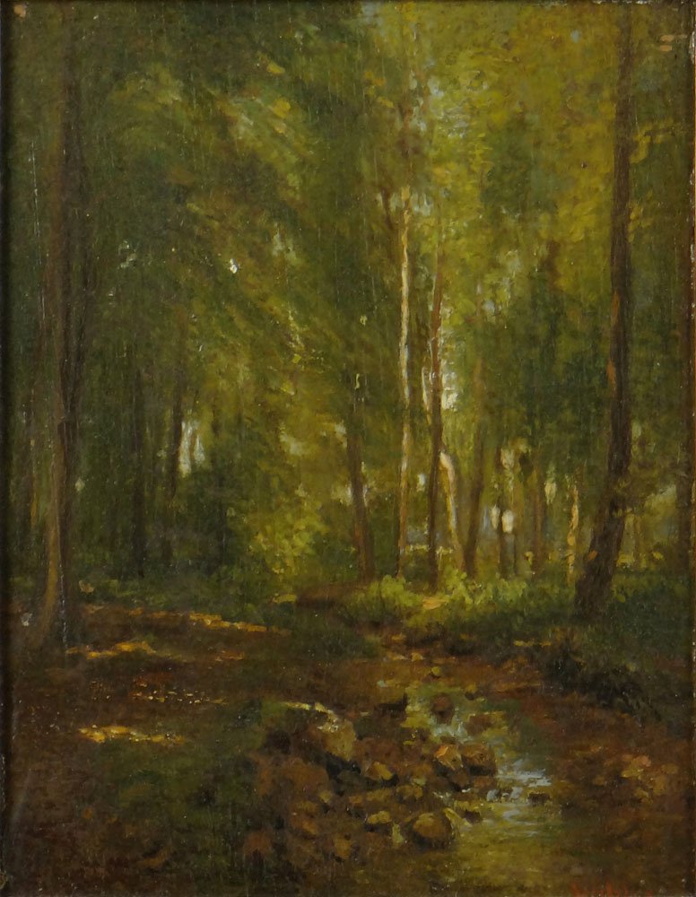 George Thompson Hobbs, American (1846 - 1929) Oil on: George Thompson Hobbs, American (1846 - 1929) Oil on Board "Wooded Landscape With Stream" Signed Lower Right Hobbs. Good Condition. Measures 9-1/4 Inches by 7-1/4 Inches. Frame Measures 16-1/2 Inches 