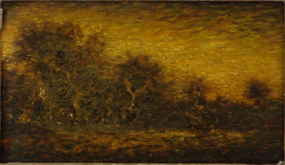 Ralph Albert Blakelock, American (1847 - 1919) Oil on: Ralph Albert Blakelock, American (1847 - 1919) Oil on Panel "Indian Encampment at Dusk" Unsigned. Good condition. Measures 6 Inches by 10 Inches. Frame Measures 11-1/2Inches by 15-3/8 Inches. Shipping