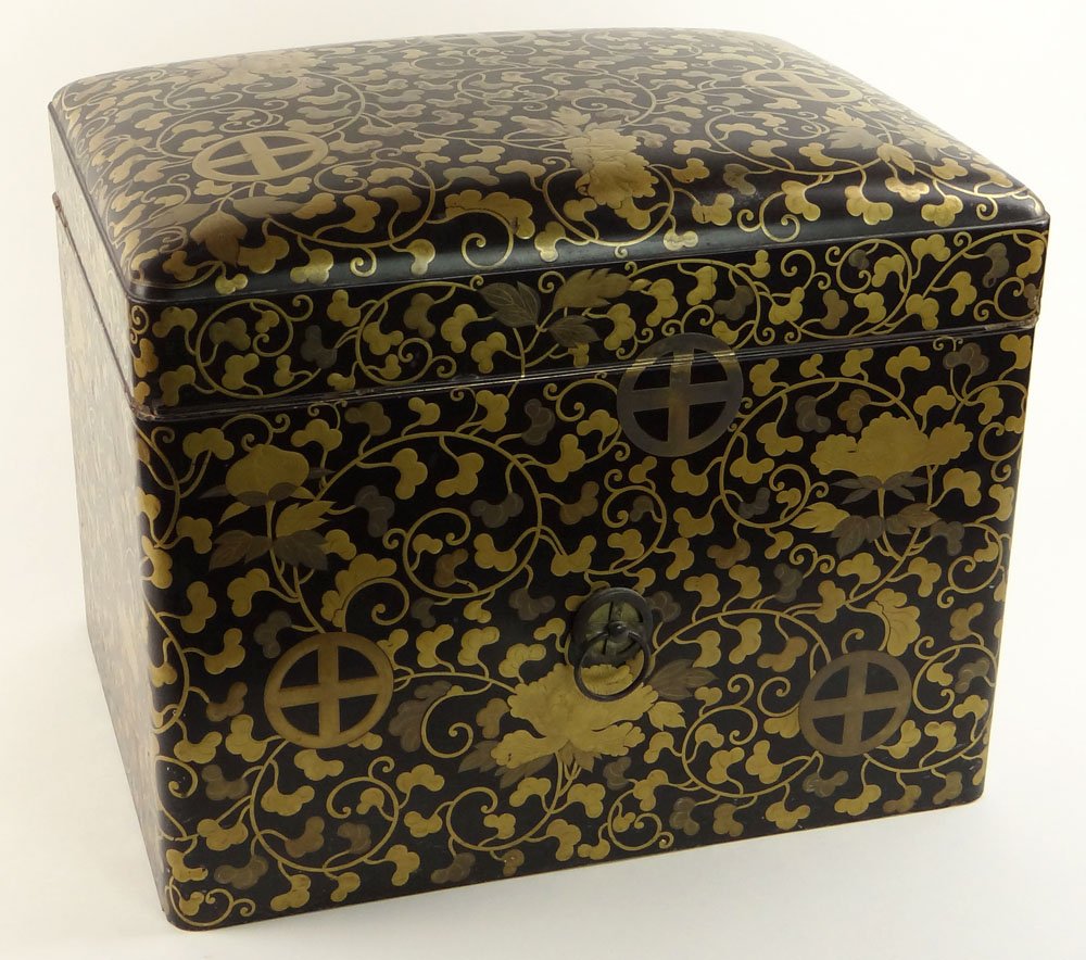 Japanese Late Edo Period Lacquer Box. Unsigned. Chips,: Japanese Late Edo Period Lacquer Box. Unsigned. Chips, Rubbing to Edges and Minor Losses, White Paint Splatters. Please Examine Carefully Before Bidding. Measures 12-1/2 Inches Tall, 16 Inches Wide an