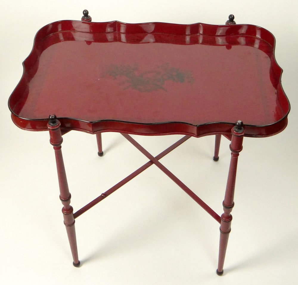 Gump's Tole Tray Table. Red with Black Floral Design.: Gump's Tole Tray Table. Red with Black Floral Design. Tray May Be Removed From Stand. Marked Gump's to Bottom of Tray. Good Condition. Measures 24-1/2 Inches Tall, 25-1/2 Inches Wide and 16-1/2 Inches