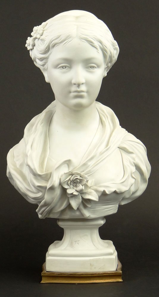 Antique Sevres Parian Bisque Bust of a Young Lady.: Antique Sevres Parian Bisque Bust of a Young Lady. Bronze Mount. Signed with Sevres Mark and Artists Signature (illegible) Losses to Flower and Minor Rubbing or in Otherwise Good Condition. Measures 1