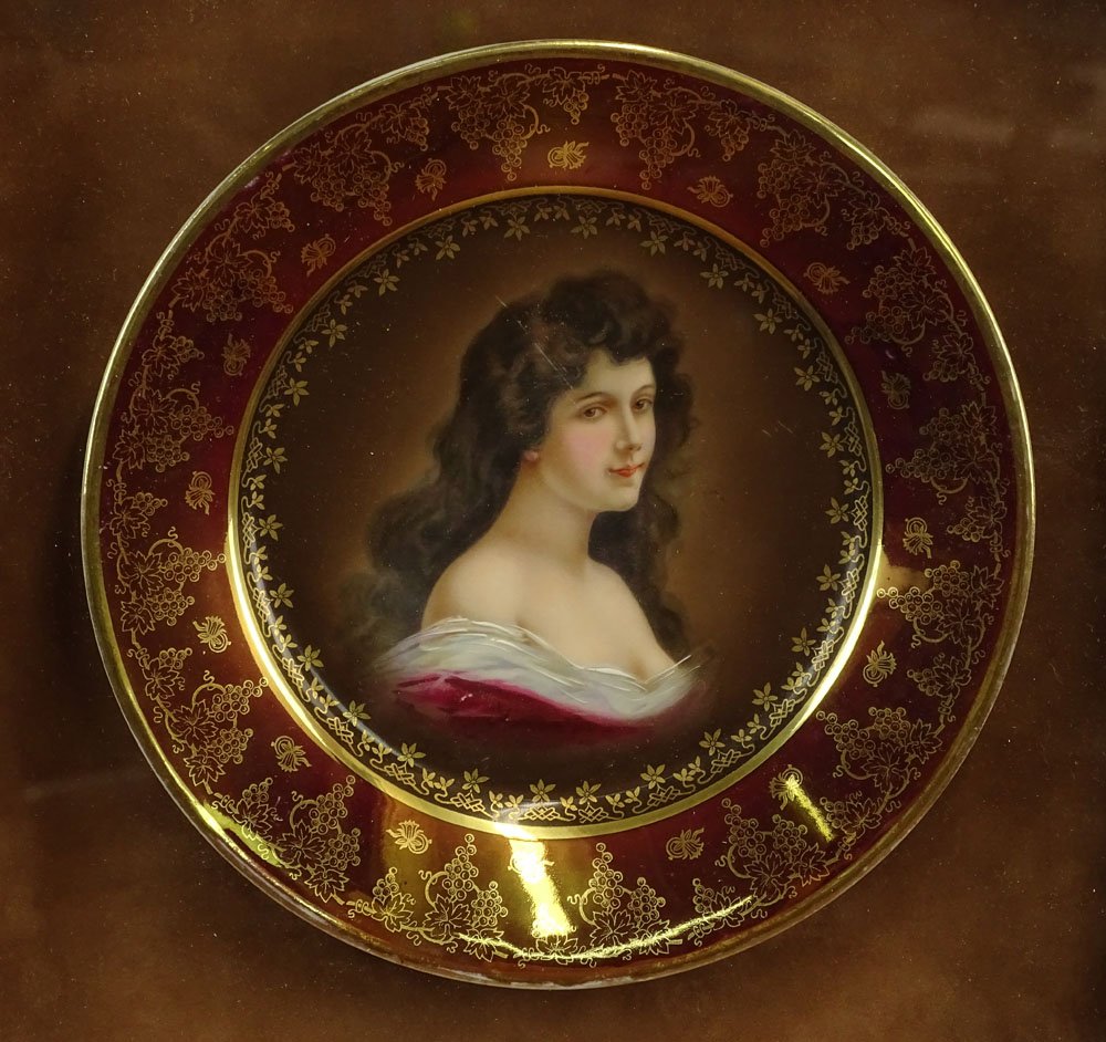 Antique Royal Vienna Style Portrait Plate "Young: Antique Royal Vienna Style Portrait Plate "Young Beauty". Mounted in Custom Shadow Box Frame. Wear to Gilt Edges, Light Scratch on Portrait. Plate Measures 9-1/2 Inches Diameter. Frame Measures 14 Inc