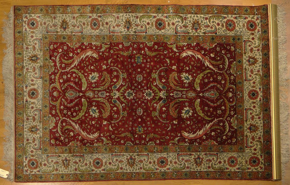 Semi-Antique Turkish Hereke Kayseri Silk and Gold: Semi-Antique Turkish Hereke Kayseri Silk and Gold Carpet. Mounted on Wood Molding for Hanging. Unsigned. Good Condition. Measures 86 Inches by 55 Inches. Shipping $100.00