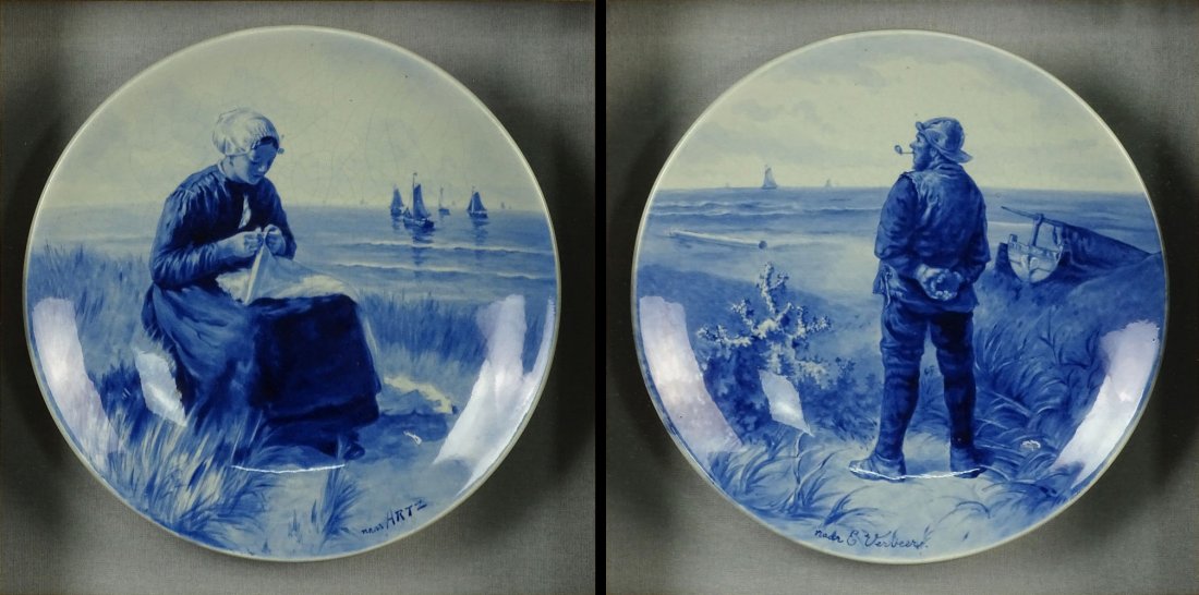 Pair of Vintage Delft Porcelain Blue and White Plates.: Pair of Vintage Delft Porcelain Blue and White Plates. Framed in Shadow Box Frames. Overall Good Condition with some crazing on the plates. Plates Measures Approx. 9 Inches Diameter. The Frames Measur