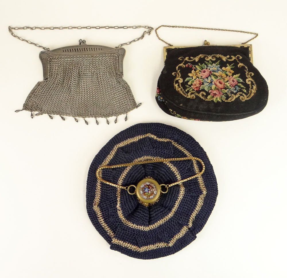 Three (3) Antique Purses, One (1) Victorian Edwardian: Three (3) Antique Purses, One (1) Victorian Edwardian German Silver Mesh Evening Purse, One (1) Small Petit Point Clutch Handbag and One (1) Unusual Crochet Purse with Hinged Neck and CloisonnÃ© Top