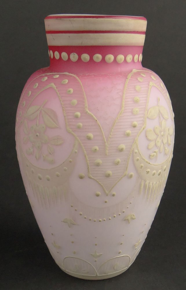 Antique Thomas Webb Enameled Vase. Cased Pink and White: Antique Thomas Webb Enameled Vase. Cased Pink and White Glass with Applied White Enameling Throughout. Marked on Bottom 65? Wear to Enameling or in otherwise good condition. Measures 5-1/4 Inches Tall