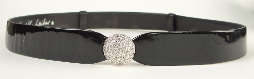 Judith Lieber Patent leather Belt with Silvertone and: Judith Lieber Patent leather Belt with Silvertone and Rhinestone Buckle. Signed. Good Used Condition with Felt Dust Cover. Adjustable Length, 1-1/8 Inch Wide. Shipping $36.00