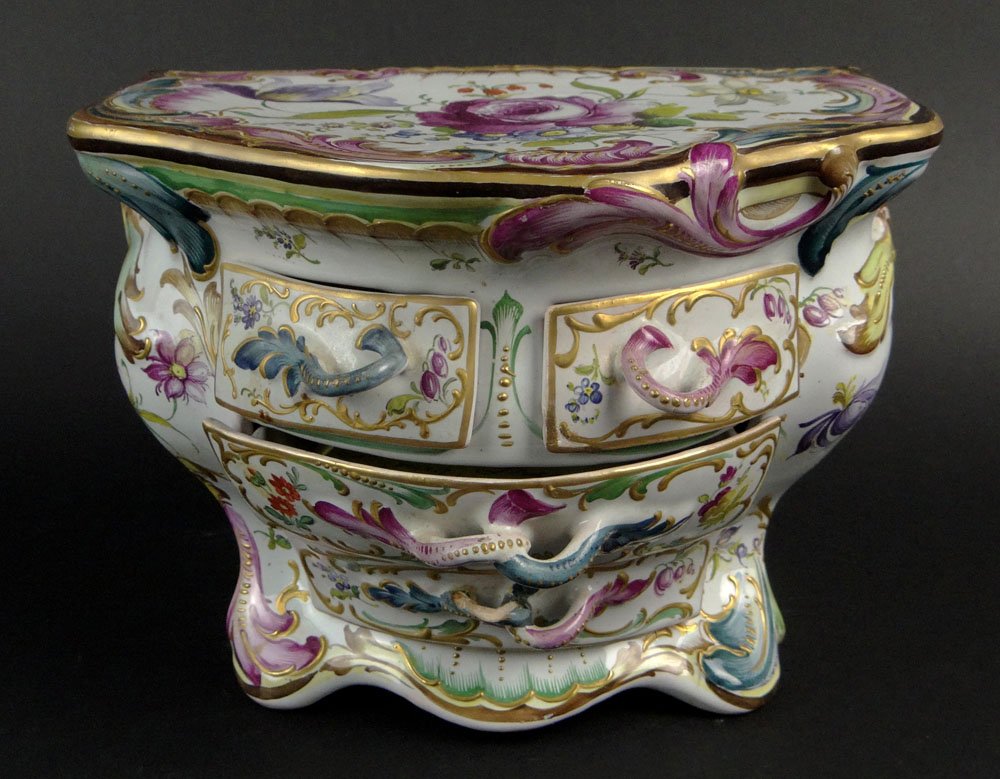 Rare Antique French Painted Faience Miniature Bombe: Rare Antique French Painted Faience Miniature Bombe Commode. Mark to Base. Restorations to Bottom Drawer and Very Small Chips Otherwise Good Condition or Better. Measures 6-1/8 Inches Tall and 8 Inche