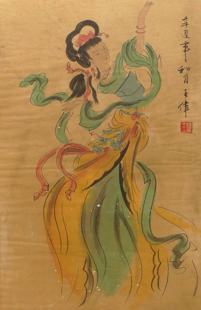 Possibly Wang Wei Chinese Ink and Wash on Paper: Possibly Wang Wei Chinese Ink and Wash on Paper "Dancing Young Woman". Calligraphy Signed and Red Seal Mark Upper Left. Deterioration and Toning to Paper, Please Examine this Lot Carefully Before Bidd