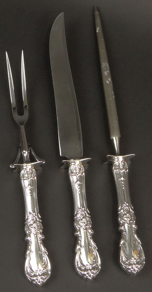 Reed and Barton Sterling Silver Large Three (3) Piece: Reed and Barton Sterling Silver Large Three (3) Piece Roast Carving Set with Stainless Blade in the "Burgundy" Pattern. Circa 1949. Signed Reed and Barton and Sterling. Good to Very Good Condition. Kn