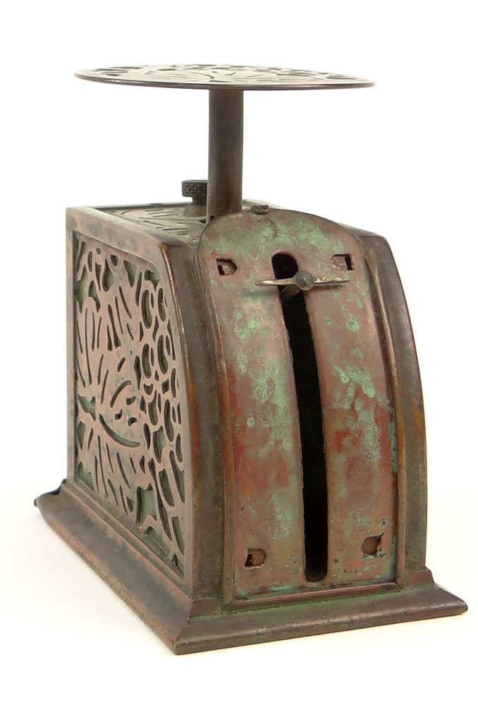 Tiffany Studios Postage Scale, Bronze in the Grapevine: Tiffany Studios Postage Scale, Bronze in the Grapevine Pattern over Green Slag Glass. Signed Tiffany Studios New York #872. Front Panel Missing or in Otherwise Good Condition. Measures 3-1/4 Inches by