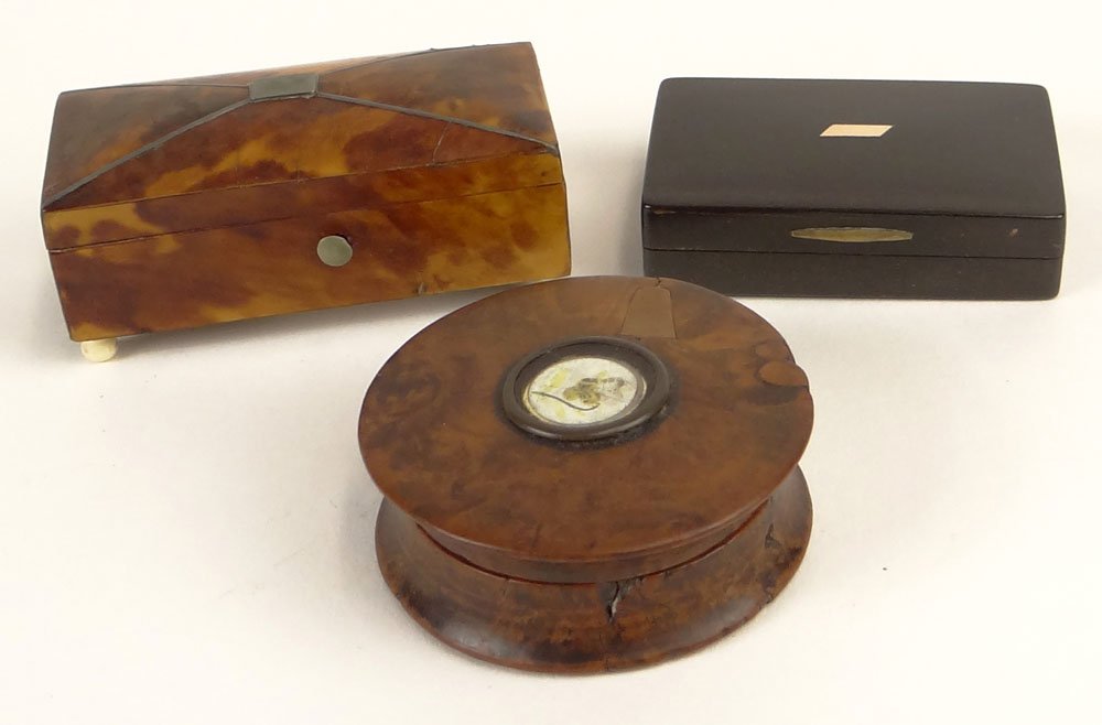 Lot of Three (3) 19th C Tortoise Snuff Boxes. Good: Lot of Three (3) 19th C Tortoise Snuff Boxes. Good Antique Condition. One with Hand Painted Inset Flower Decoration, 2 Inches Diameter; One with Inlaid Metal and Ivory Ball Feet, Measures 1-1/4 Inches
