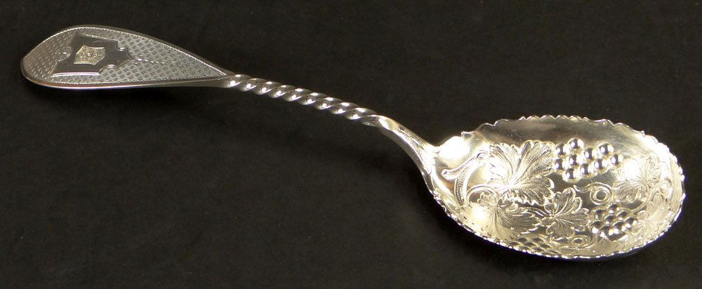 George Sharp for Bailey & Company, Philadelphia: George Sharp for Bailey & Company, Philadelphia 1848-1878 (predecessors to Bailey Banks & Biddle) Coin Silver Berry Spoon. Signed. Good Condition. Measures 8-7/8 Inches Long. Approx. Weight: 2.14 Troy
