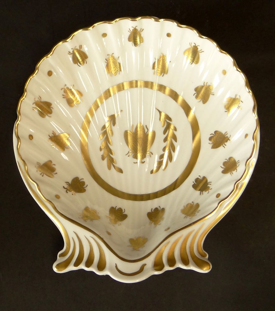 Antique French Gilt Porcelain Shell Dish with Hand: Antique French Gilt Porcelain Shell Dish with Hand Painted Bee Motif. Signed France, Decore Main and N. Good Condition. Measures 3 Inches Tall and 9-3/8 Inches Long. Shipping $32.00