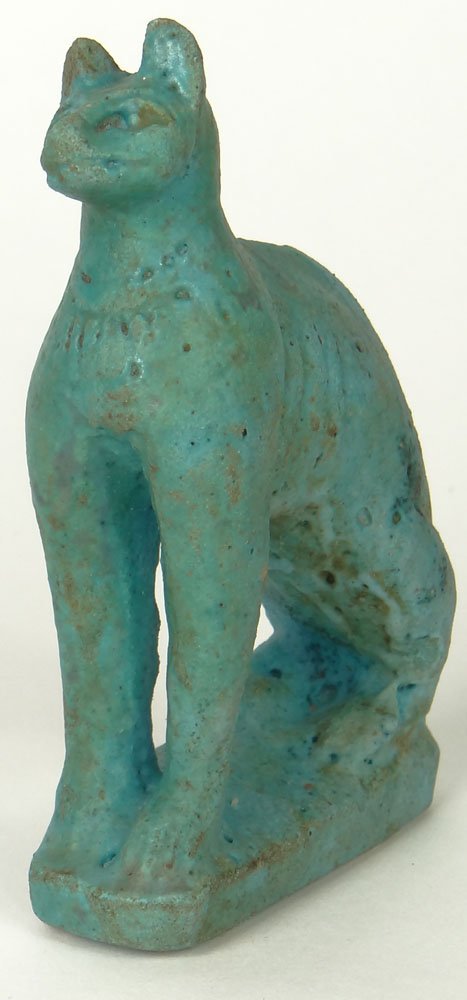 Interesting Egyptian Middle Kingdom Faience Figurine Of: Interesting Egyptian Middle Kingdom Faience Figurine Of a Cat. Unsigned. Good Ancient Condition. Measures 4-3/4 Inches Tall, 3 Inches Length. Shipping $42.00