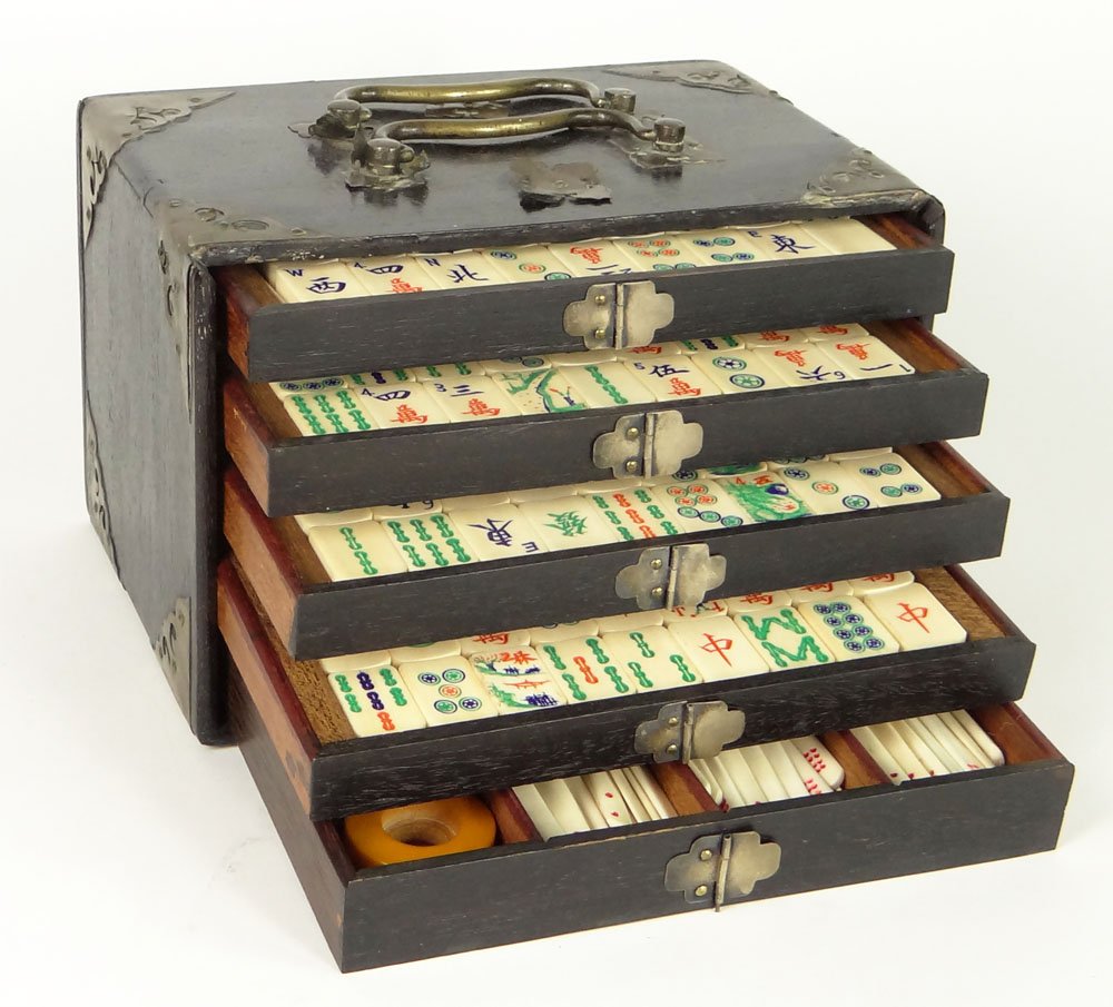 Hand Crafted Early 20th C Chinese Bone and Bamboo Tile: Hand Crafted Early 20th C Chinese Bone and Bamboo Tile Mahjong Set in Brass Mounted and Mother of Pearl Inlaid Wooden box. The Box has 5 Fitted drawers and also includes Numbered Sticks and Dice. Each
