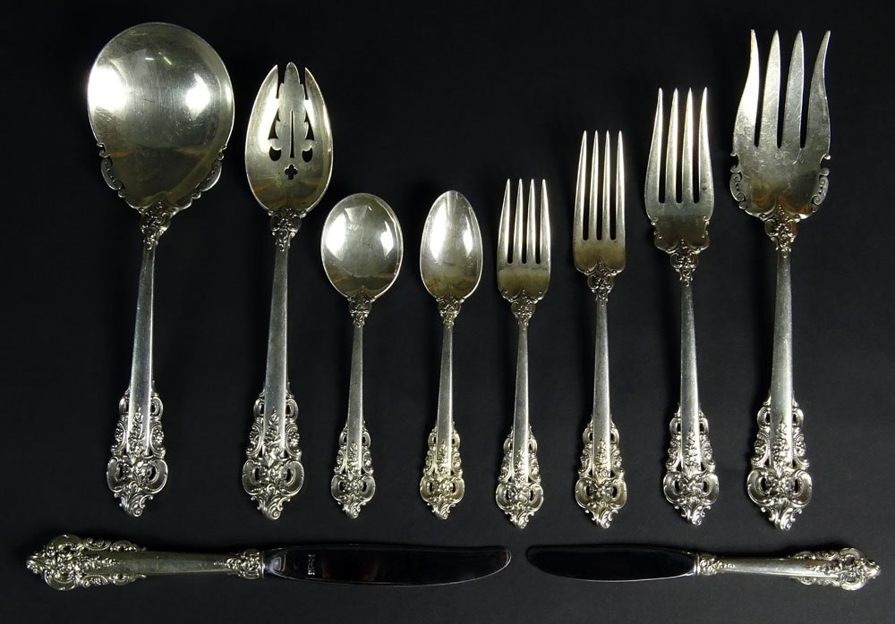One Hundred and Twelve (112) Piece Set of Wallace: One Hundred and Twelve (112) Piece Set of Wallace Sterling Silver Flatware in the Grande Baroque Pattern. The Service for 18 Includes: 18 Each Forks, 7-1/2 Inches; Knives, 9 Inches; Salad Forks, 6-1/2