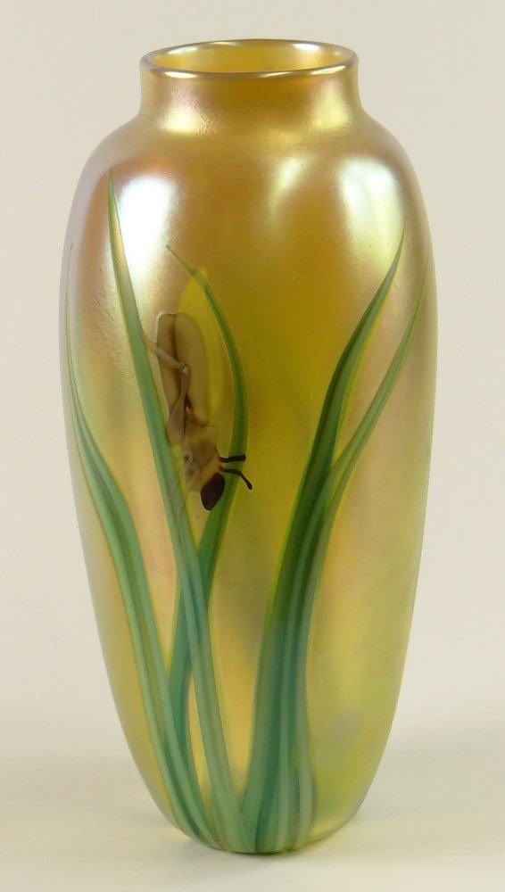 Orient & Flume Iridescent Glass Vase "Grasshopper on: Orient & Flume Iridescent Glass Vase "Grasshopper on Grass" Signed on Bottom Orient & Flume, Hudin 1985. Good Condition. Measures 11-1/2 Inches Tall. Shipping $65.00