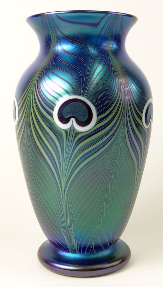 Orient & Flume Iridescent Glass Vase "Peacock Feather": Orient & Flume Iridescent Glass Vase "Peacock Feather" Signed on Bottom Orient & Flume, Beyers, Original Label. Good Condition. Measures 9-1/2 Inches Tall. Shipping $65.00