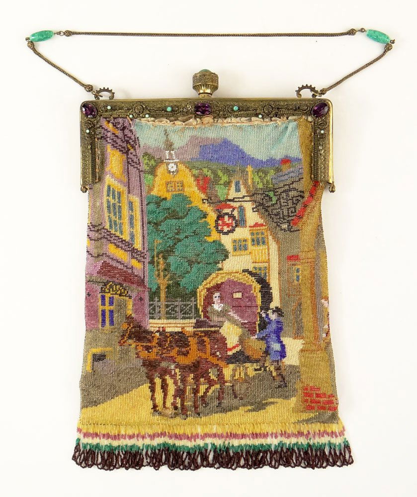 Vintage Ladies Pictorial Beaded Bag. Brass Frame and: Vintage Ladies Pictorial Beaded Bag. Brass Frame and Chain, set with Various Semi-Precious Gems Stones. Fancy Satin Lining. Unsigned. Some Losses and Bag is Loose in Spots from Frame. Measures 11 Inch