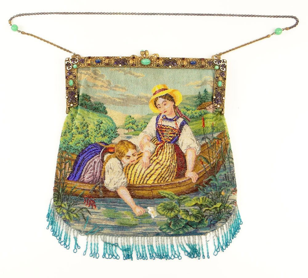 Large Vintage Ladies Pictorial Beaded Bag. Brass Frame: Large Vintage Ladies Pictorial Beaded Bag. Brass Frame and Chain, set with Various Semi-Precious Gems Stones and Enamel Decoration. Satin Lined. Unsigned. Some Fringe with Bead Loss, Lining Loose in S