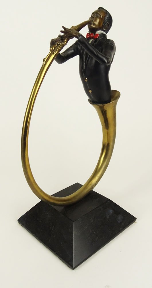 Paul Wegner, American (20th C) Cold painted Bronze.: Paul Wegner, American (20th C) Cold painted Bronze. "Horn Player" Signed P. Wegner Â©1986. On Onyx Base. Good Condition. Measures 14-1/4 Inches Height Including Base, 8 Inches Width. Shipping $85.00