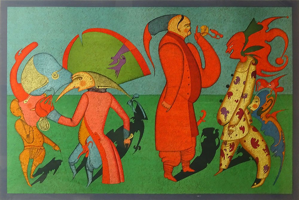 Mihail Chemiakin, Russian (b. 1943) Color Lithograph: Mihail Chemiakin, Russian (b. 1943) Color Lithograph "Untitled". Numbered 194/300 Lower Left, Signed in Pencil Lower Right. Framed Under Glass. Good Condition. Litho Measures 19-1/2 Inches by 27-1/4 I