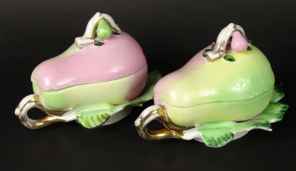 Pair of Antique M.S. Kuznetsov Russian Porcelain Pear: Pair of Antique M.S. Kuznetsov Russian Porcelain Pear Shaped Covered Boxes. Signed With Blue Backstamp on Bottom. Wear to Paint, Minor Edge Chips or in Good Condition. Measures 5-1/4 Inches Tall, 8-1/