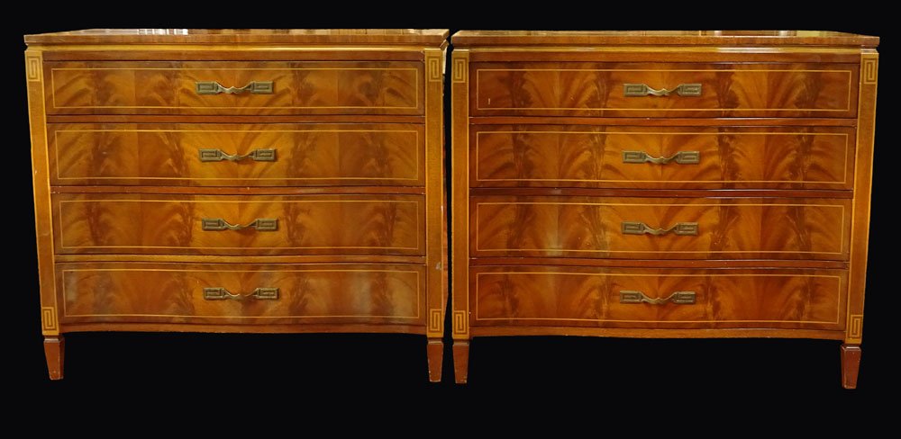 Pair of Mid 20th Century Art Deco style Mahogany Four: Pair of Mid 20th Century Art Deco style Mahogany Four Drawer Chests. Unsigned. Surface Scratches and Rubbing Consistent with Normal Use. Measure 36 Inches Tall, 42 Inches Wide and 20-3/4 Inches Deep.