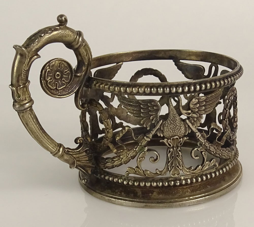 Circa 1900 Russian Faberge Empire style Silver Glass: Circa 1900 Russian Faberge Empire style Silver Glass Holder. Signed Faberge, 88 Kokoshnik mark and AN (Antti Nevalainen) workmaster's mark. Good Condition. Measures 1-3/8 Inches tall and 2-2/8 Inches 