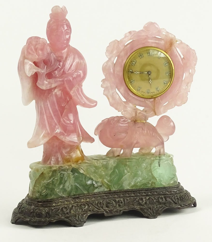 Art Deco Chinese Carved Rose and Blue Quartz Figural: Art Deco Chinese Carved Rose and Blue Quartz Figural Clock Group. Depicting a Woman with Flowing Robes Accompanied by a Mythical Beast with Clock atop. Unsigned. Old Restorations. The Clock is not in 