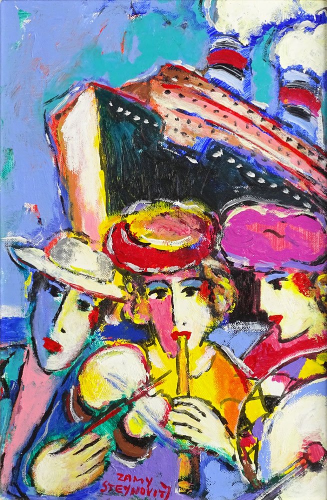 Zammy Steynovitz (1951-2000) Acrylic on Canvas "Lady: Zammy Steynovitz (1951-2000) Acrylic on Canvas "Lady Musicians in Front of Cruise Ship" Signed Zamy Steynovitz Lower Center. Good Condition. Measures 13 Inches by 9 Inches, Frame Measures 22-3/4 Inche
