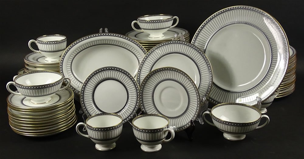 Wedgwood Porcelain Dinner Service "Black Colonnade": Wedgwood Porcelain Dinner Service "Black Colonnade" Pattern. The Set includes: 18 Dinner Plates, 10-3/4 Inches; 10 Footed Cream Soup Bowls, 2-1/2 Inches; 10 Cream Soup Bowl Saucers, 6-1/4 Inches; 28 S